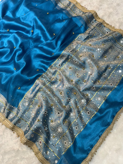 Teal Blue Viral Ghungroo Saree – Banarasi Soft Tissue Silk | Thesareeghar