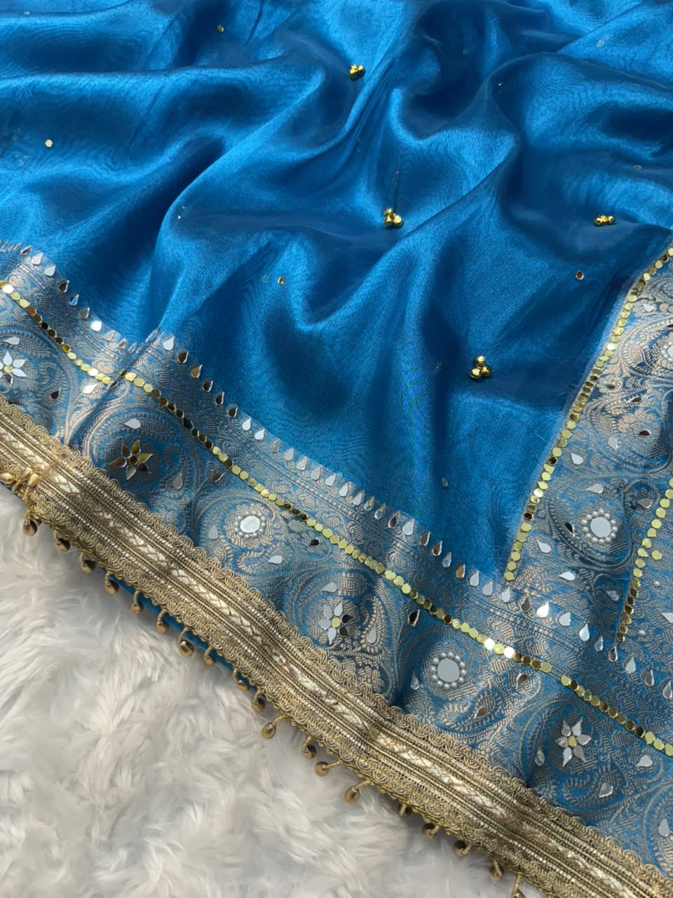 Teal Blue Viral Ghungroo Saree – Banarasi Soft Tissue Silk | Thesareeghar