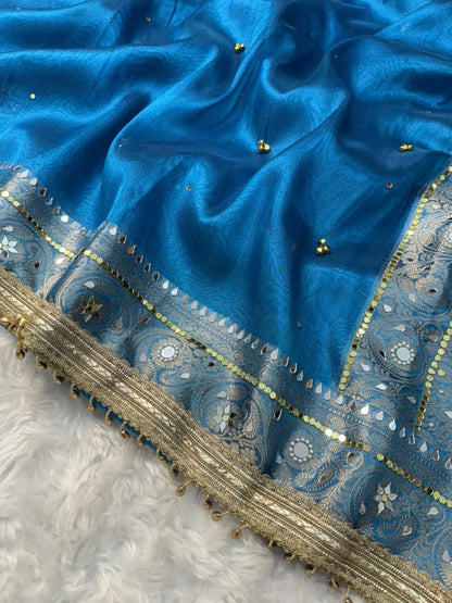 Teal Blue Viral Ghungroo Saree – Banarasi Soft Tissue Silk | Thesareeghar