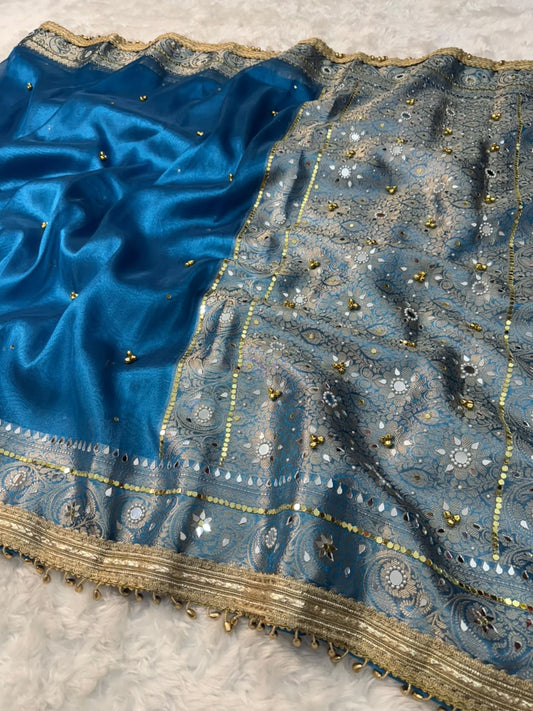 Teal Blue Viral Ghungroo Saree – Banarasi Soft Tissue Silk | Thesareeghar