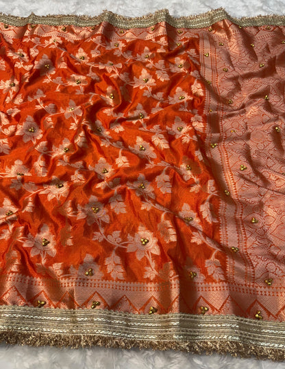 Dusty Orange Viral Ghungroo Saree – Banarasi Warm Silk | Thesareeghar
