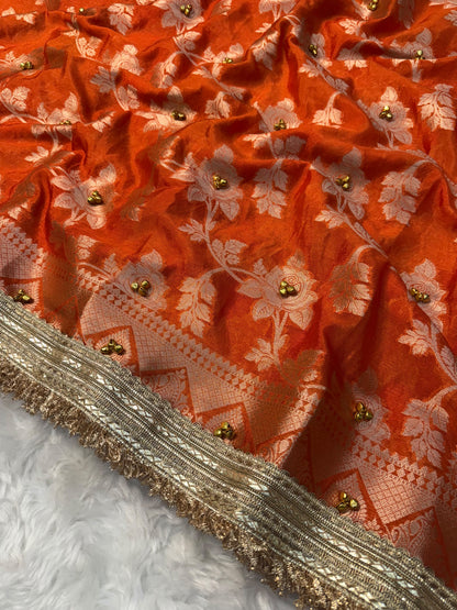 Dusty Orange Viral Ghungroo Saree – Banarasi Warm Silk | Thesareeghar