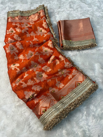 Dusty Orange Viral Ghungroo Saree – Banarasi Warm Silk | Thesareeghar