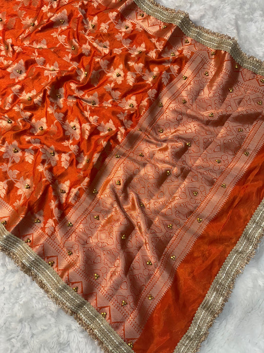 Dusty Orange Viral Ghungroo Saree – Banarasi Warm Silk | Thesareeghar