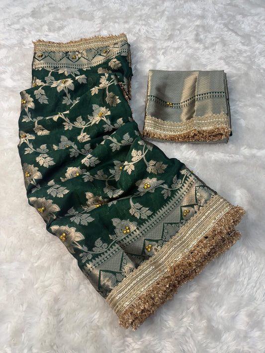 Deep Green Viral Ghungroo Saree – Banarasi Warm Silk | Thesareeghar