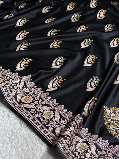 Midnight Black Mashru Mina Buta Saree