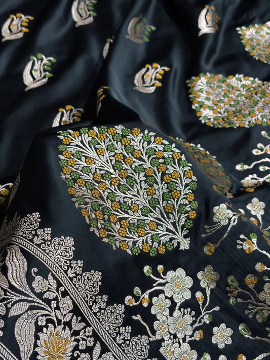Midnight Black Mashru Mina Buta Saree