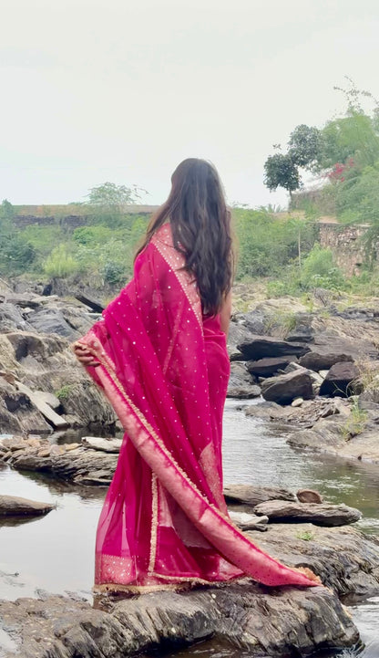 Rani Pink Banarasi Soft Tissue Silk Saree