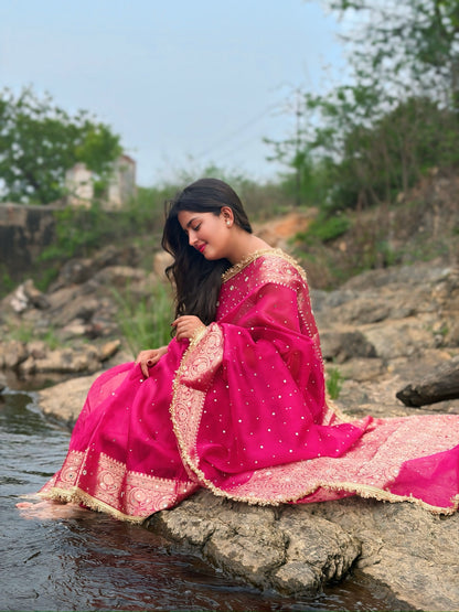 Rani Pink Banarasi Soft Tissue Silk Saree