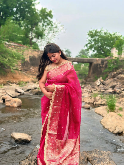 Rani Pink Banarasi Soft Tissue Silk Saree