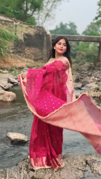 Rani Pink Banarasi Soft Tissue Silk Saree