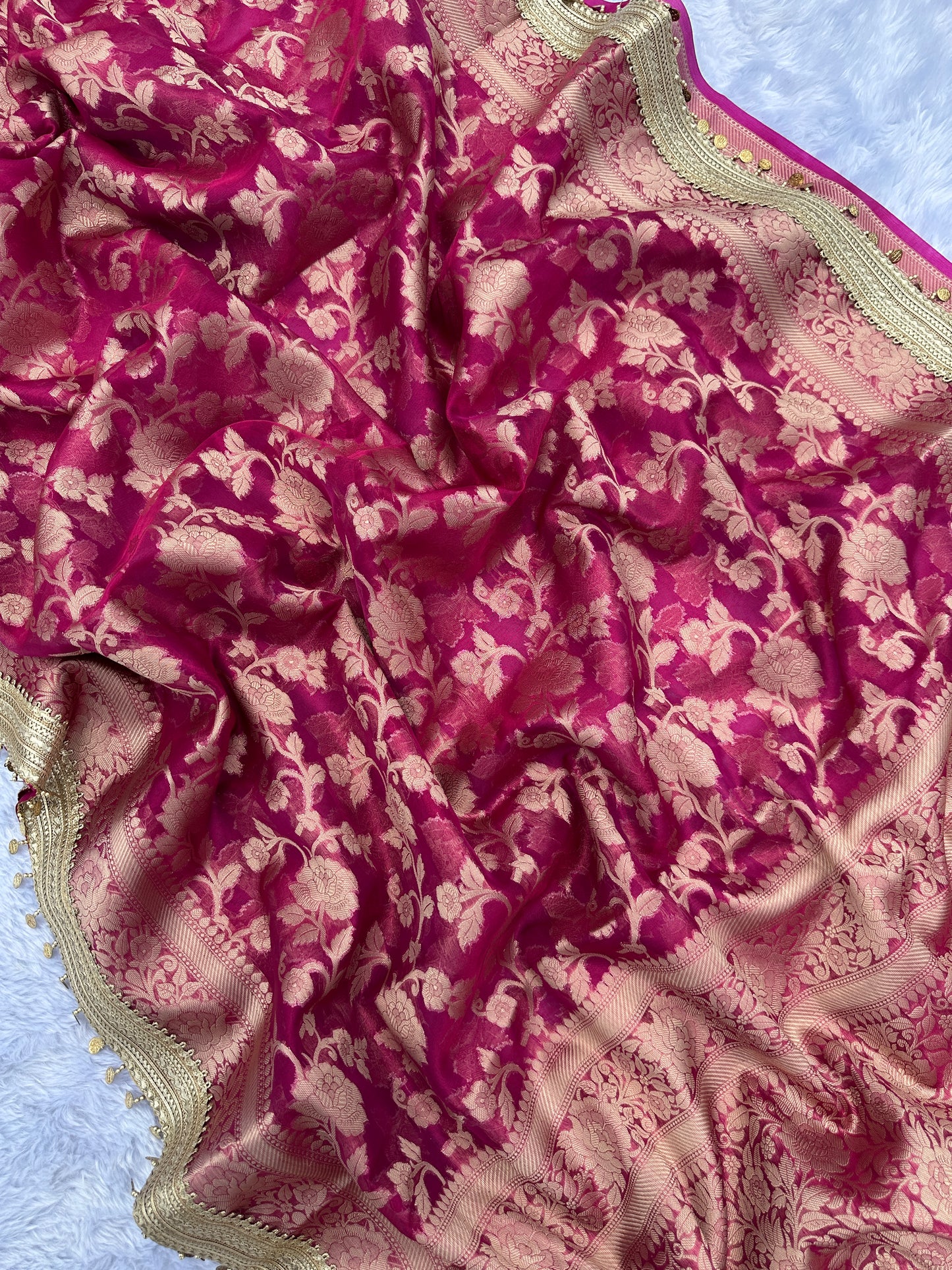 Rani Pink Banarasi Soft Jaal Tissue Silk Saree