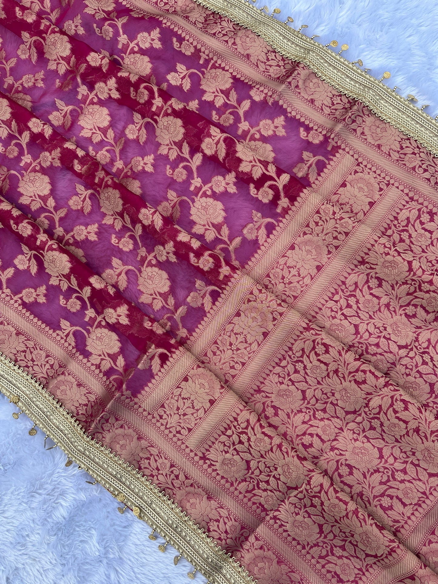 Rani Pink Banarasi Soft Jaal Tissue Silk Saree