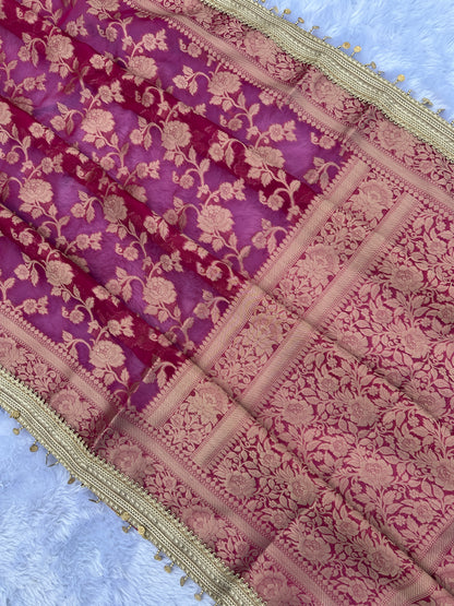 Rani Pink Banarasi Soft Jaal Tissue Silk Saree