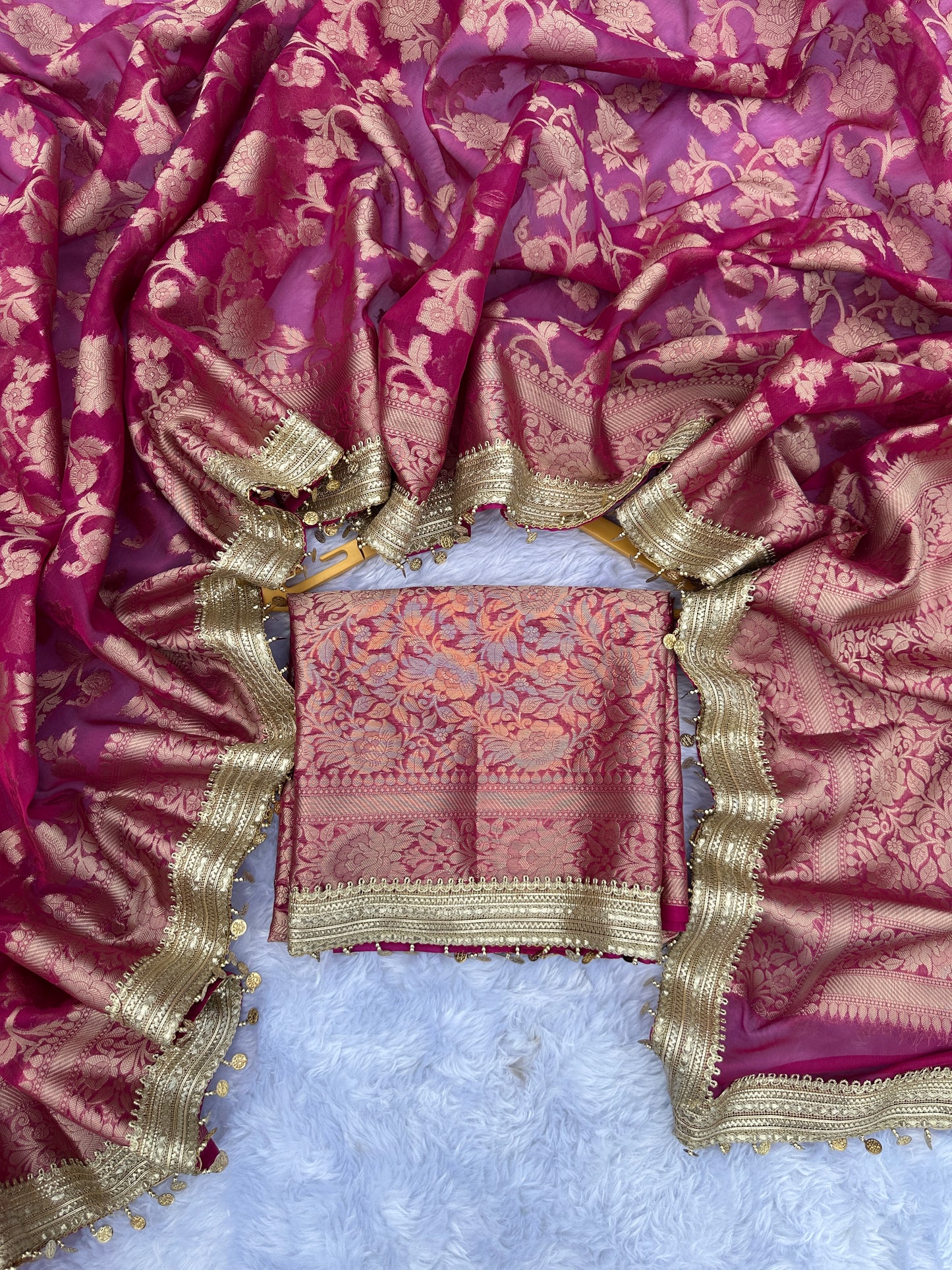 Rani Pink Banarasi Soft Jaal Tissue Silk Saree