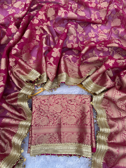 Rani Pink Banarasi Soft Jaal Tissue Silk Saree