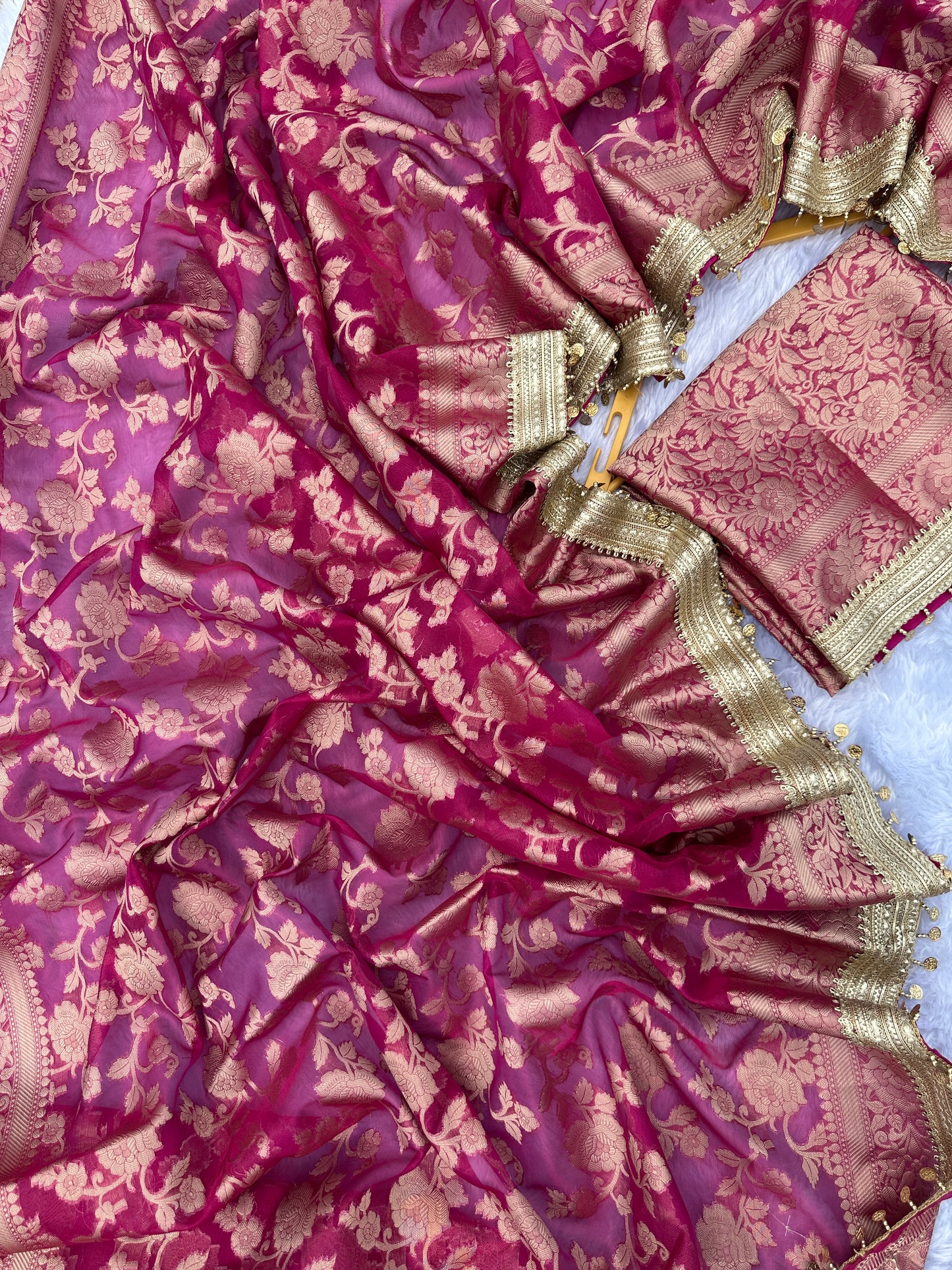 Rani Pink Banarasi Soft Jaal Tissue Silk Saree