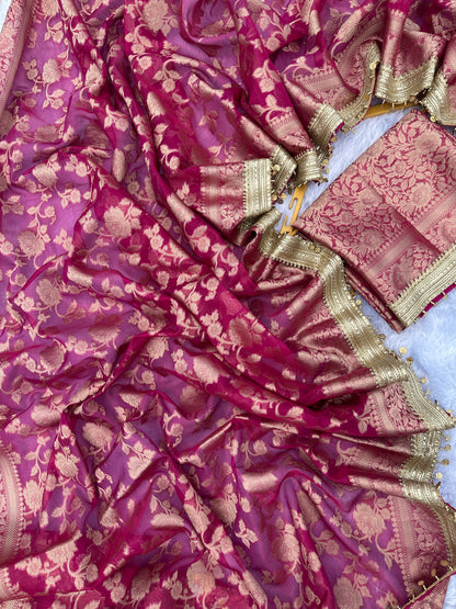 Rani Pink Banarasi Soft Jaal Tissue Silk Saree