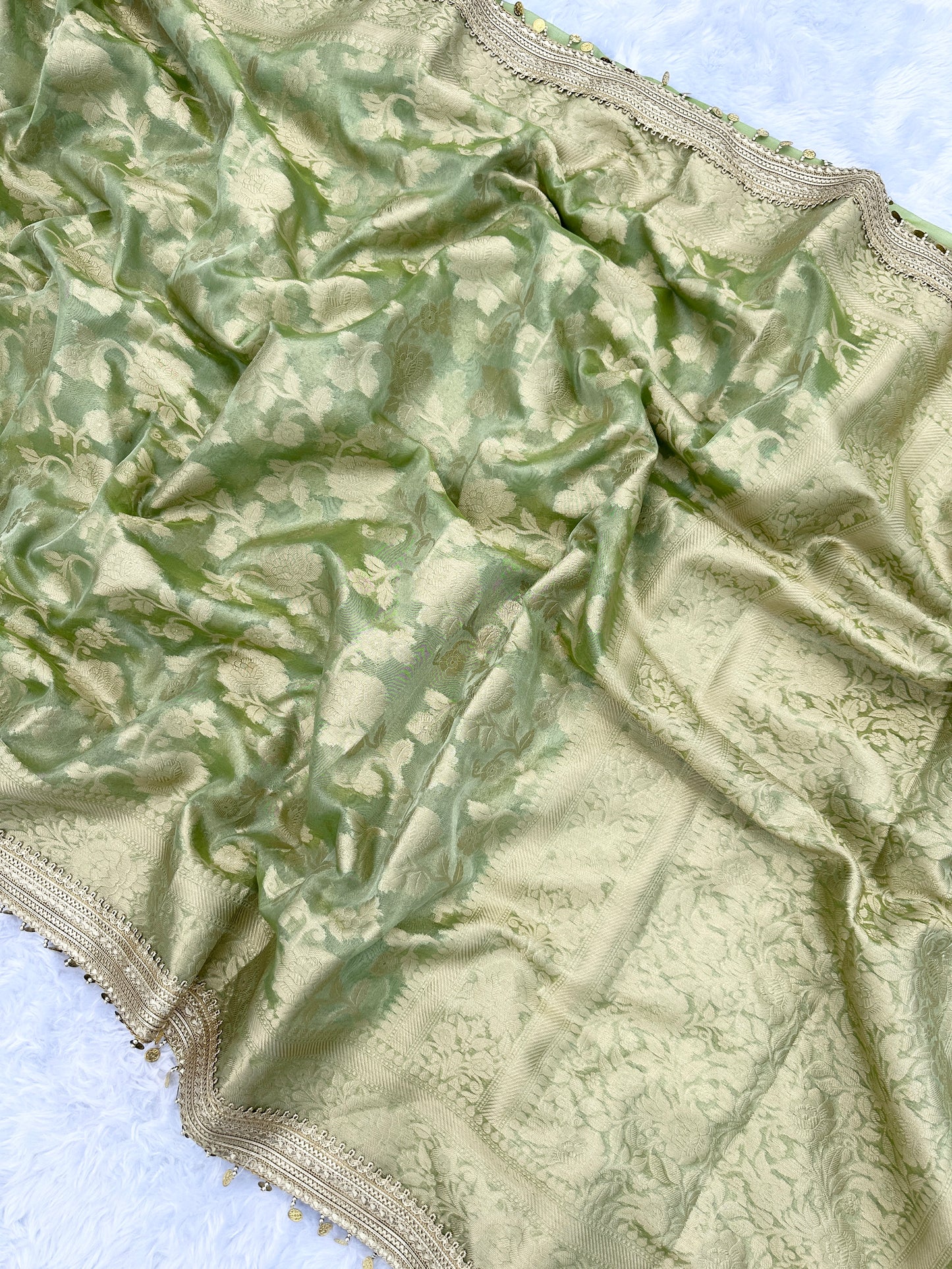 Pista Green Banarasi Soft Jaal Tissue Silk Saree