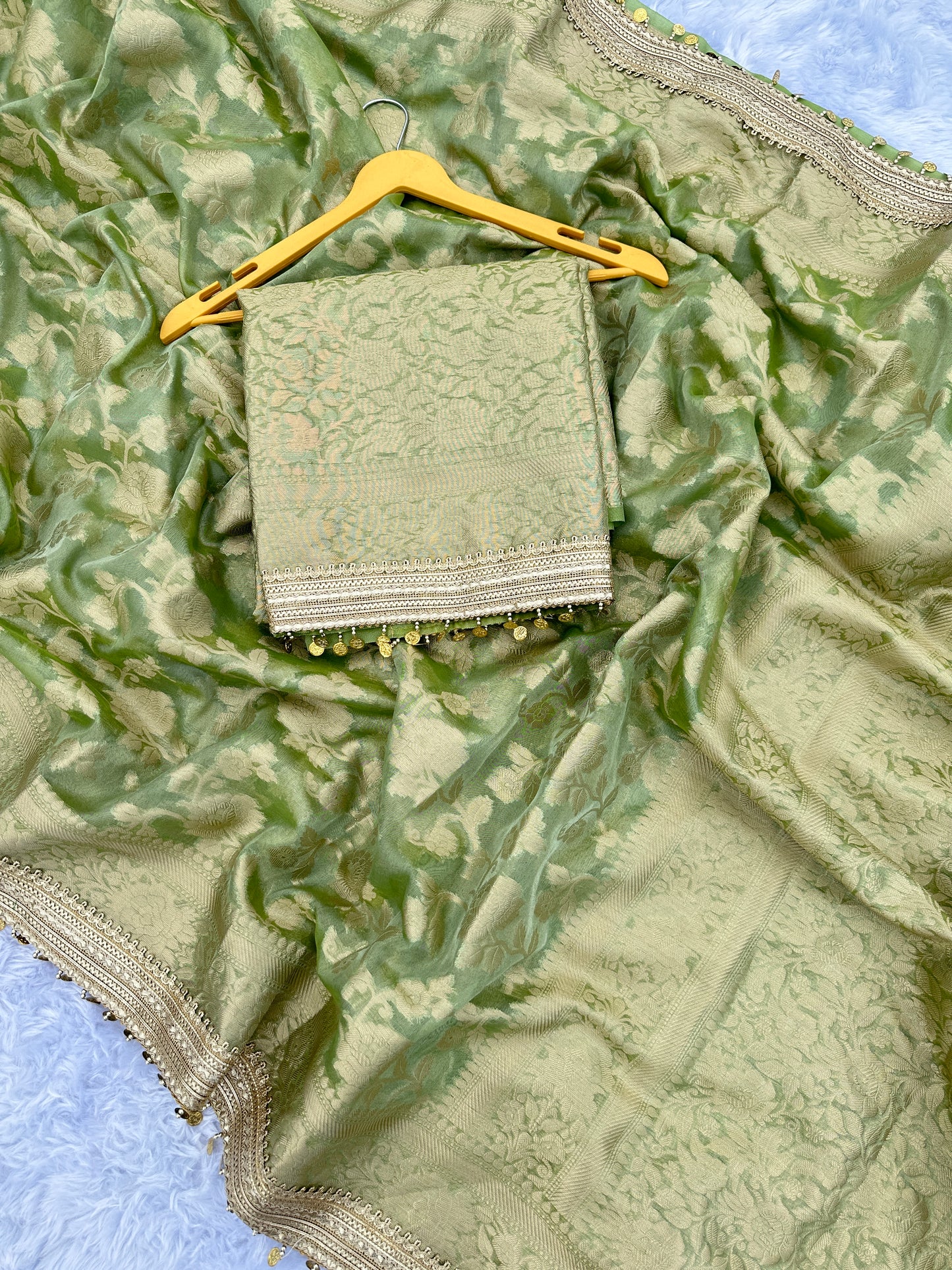 Pista Green Banarasi Soft Jaal Tissue Silk Saree