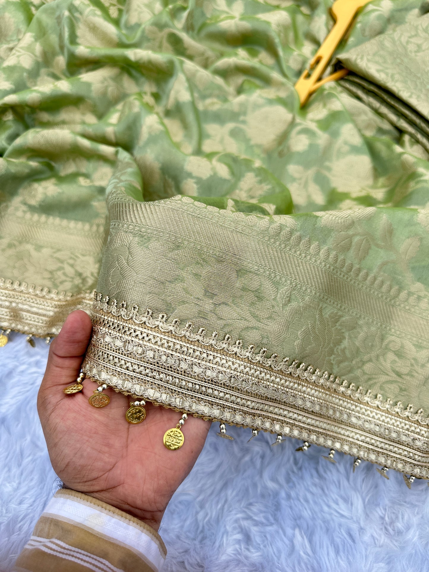 Pista Green Banarasi Soft Jaal Tissue Silk Saree