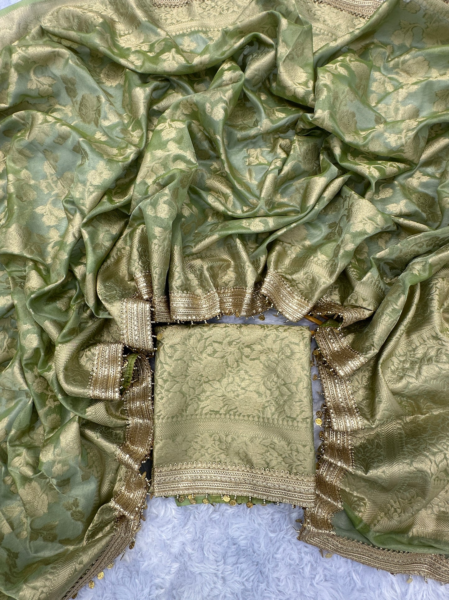 Pista Green Banarasi Soft Jaal Tissue Silk Saree