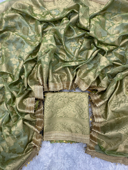Pista Green Banarasi Soft Jaal Tissue Silk Saree