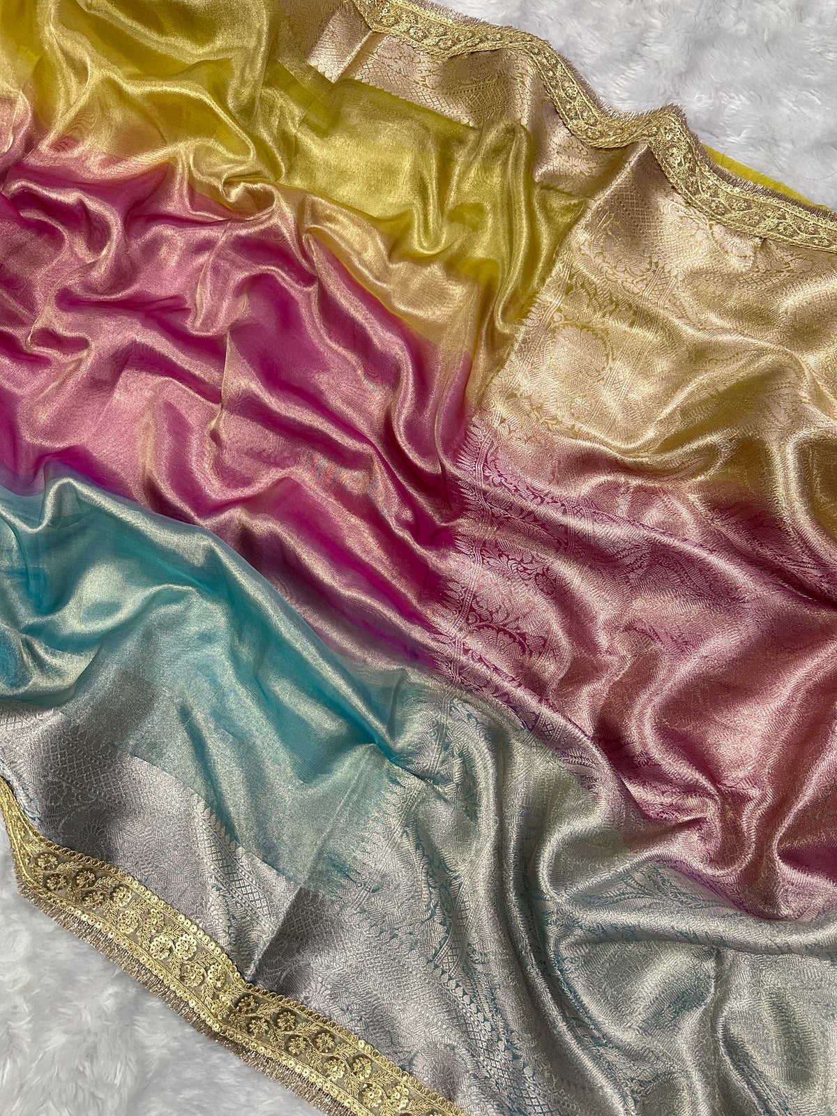 3D Multi Shade Tissue Saree with Embroidery Border