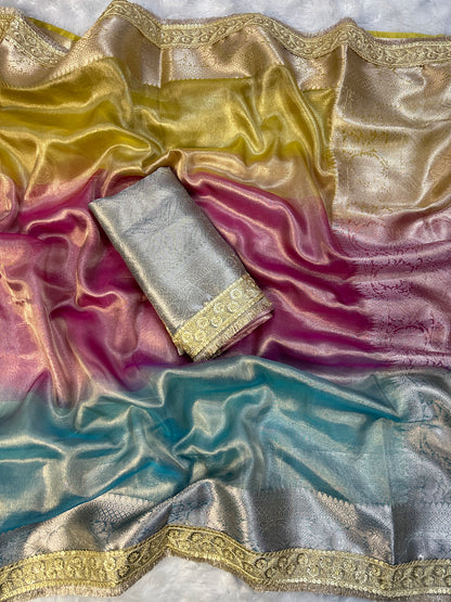 3D Multi Shade Tissue Saree with Embroidery Border