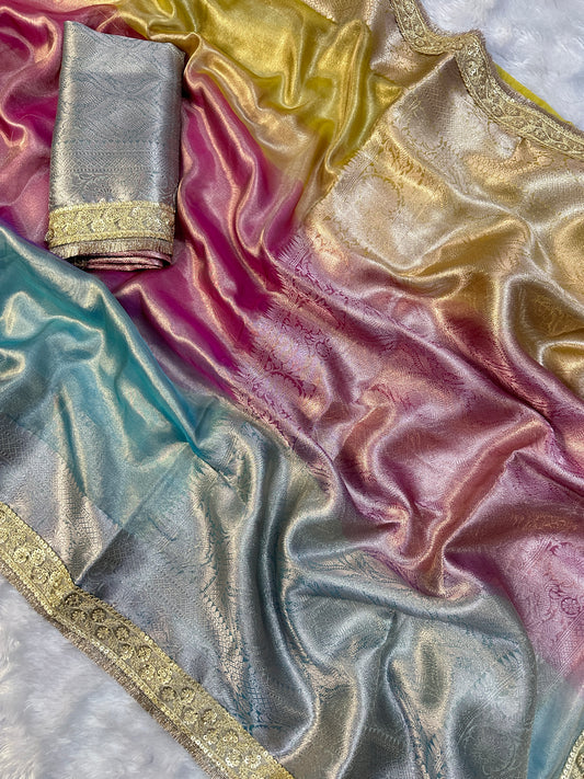 3D Multi Shade Tissue Saree with Embroidery Border
