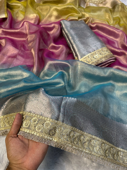 3D Multi Shade Tissue Saree with Embroidery Border