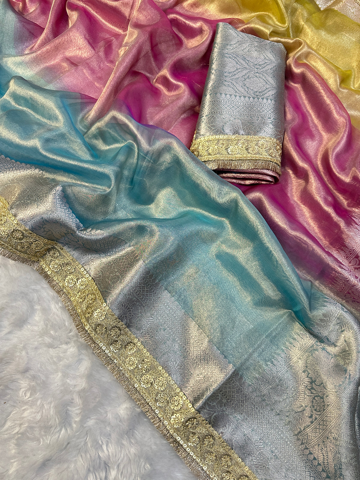 3D Multi Shade Tissue Saree with Embroidery Border