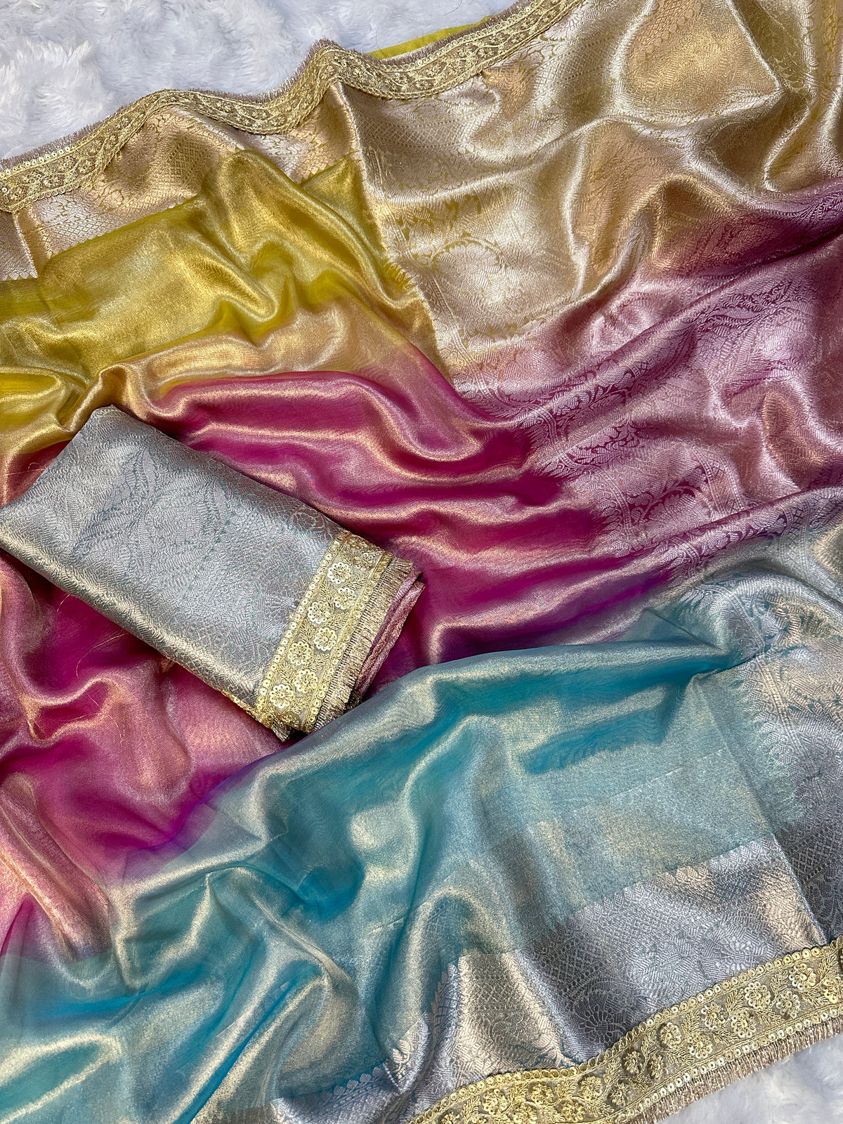 3D Multi Shade Tissue Saree with Embroidery Border