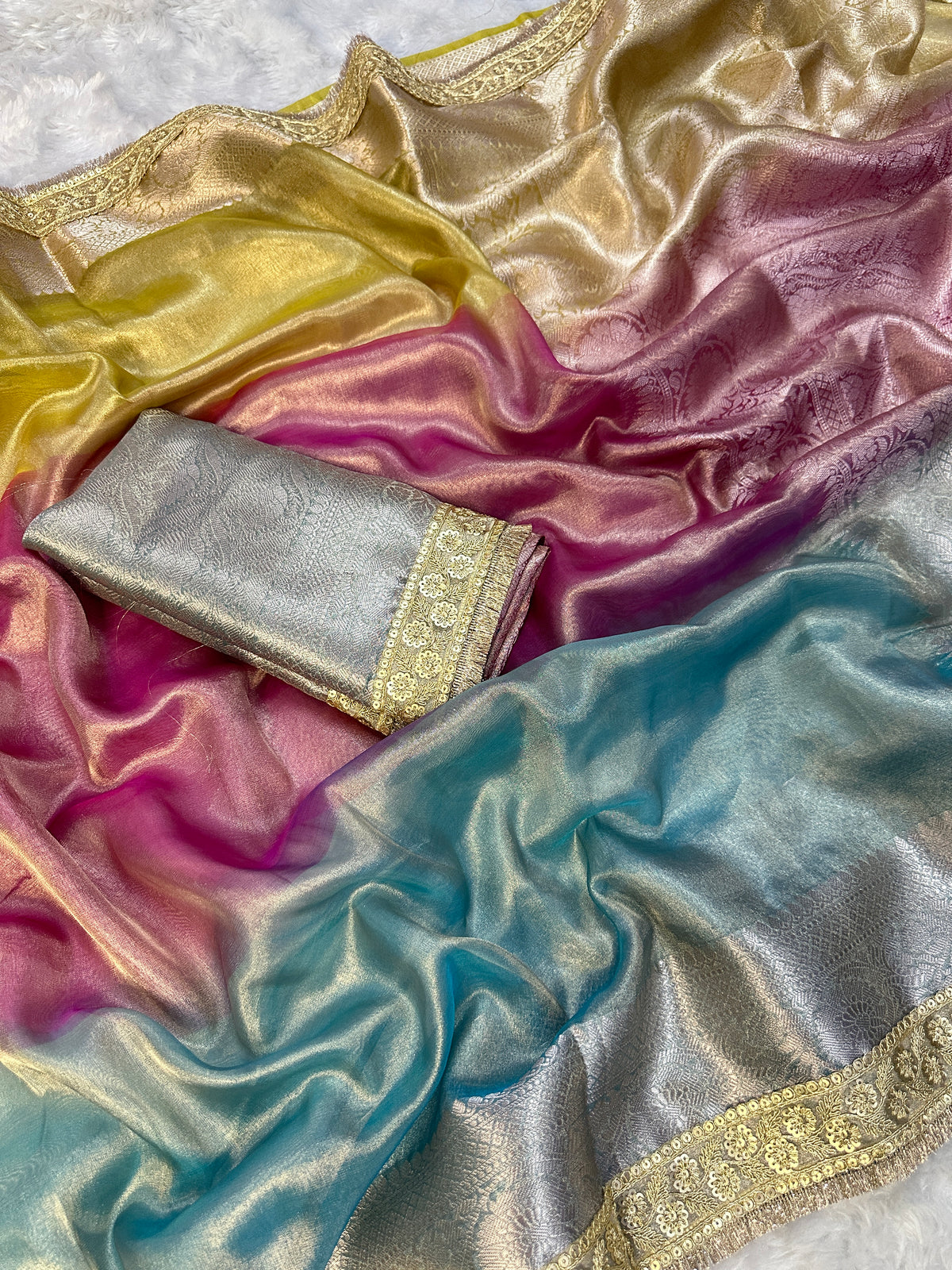 3D Multi Shade Tissue Saree with Embroidery Border