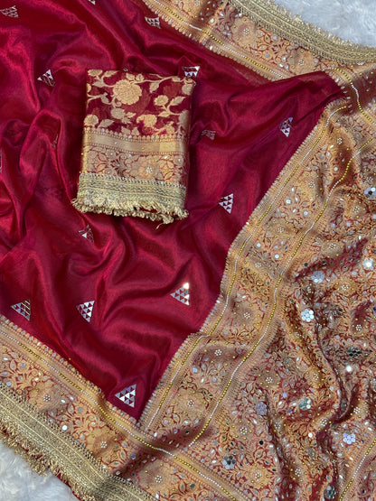 Deep Marron Banarasi Soft Tissue Silk Saree