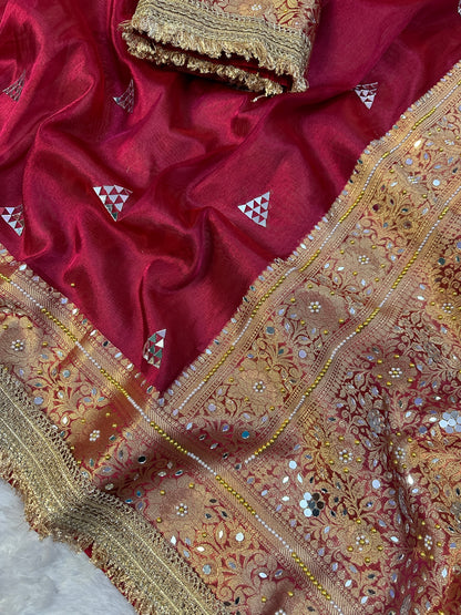 Deep Marron Banarasi Soft Tissue Silk Saree