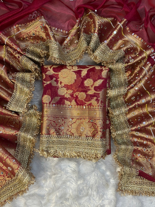 Deep Marron Banarasi Soft Tissue Silk Saree