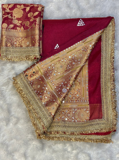 Deep Marron Banarasi Soft Tissue Silk Saree