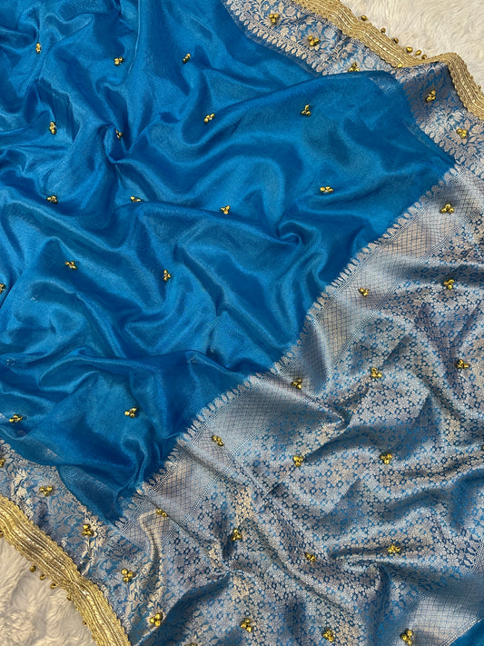Teal Blue Viral Ghungroo Saree – Banarasi Soft Tissue Silk | Thesareeghar
