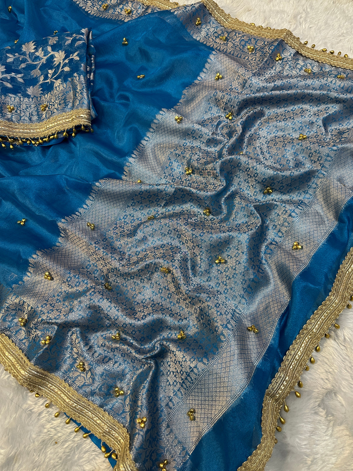 Teal Blue Viral Ghungroo Saree – Banarasi Soft Tissue Silk | Thesareeghar