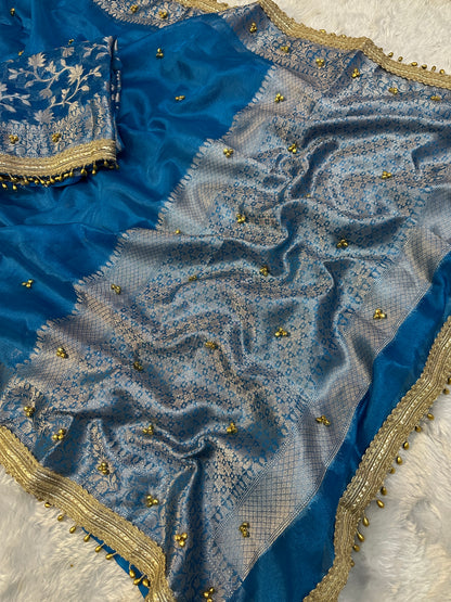 Teal Blue Viral Ghungroo Saree – Banarasi Soft Tissue Silk | Thesareeghar