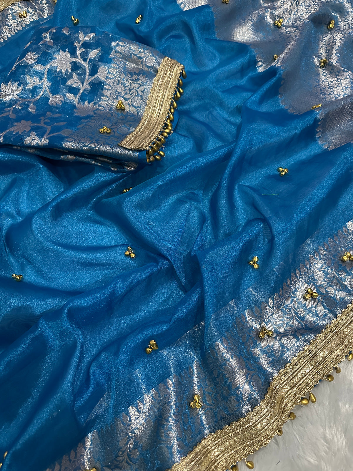 Teal Blue Viral Ghungroo Saree – Banarasi Soft Tissue Silk | Thesareeghar