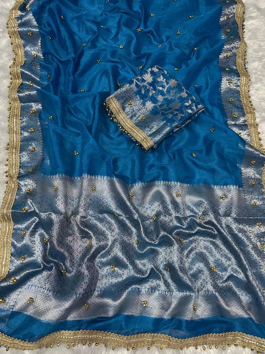 Teal Blue Viral Ghungroo Saree – Banarasi Soft Tissue Silk | Thesareeghar