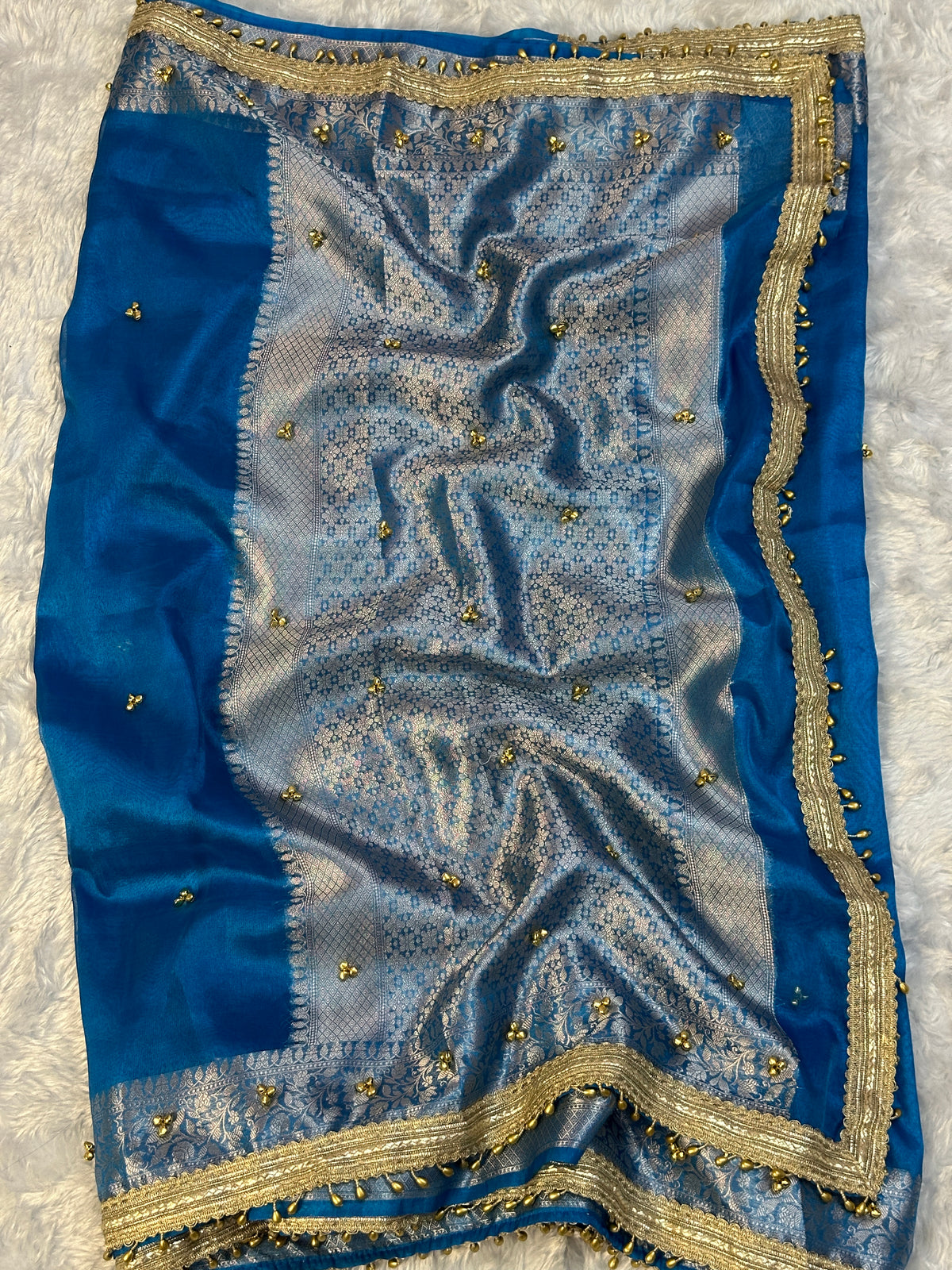 Teal Blue Viral Ghungroo Saree – Banarasi Soft Tissue Silk | Thesareeghar