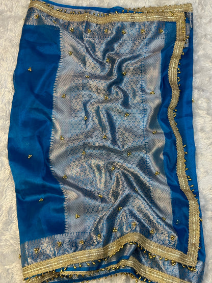 Teal Blue Viral Ghungroo Saree – Banarasi Soft Tissue Silk | Thesareeghar