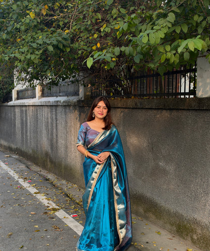 Peacock Teal Banarasi Soft Tissue Pashmina Silk Saree
