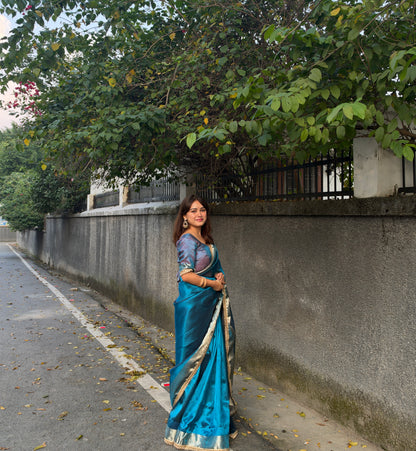 Peacock Teal Banarasi Soft Tissue Pashmina Silk Saree