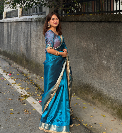 Peacock Teal Banarasi Soft Tissue Pashmina Silk Saree
