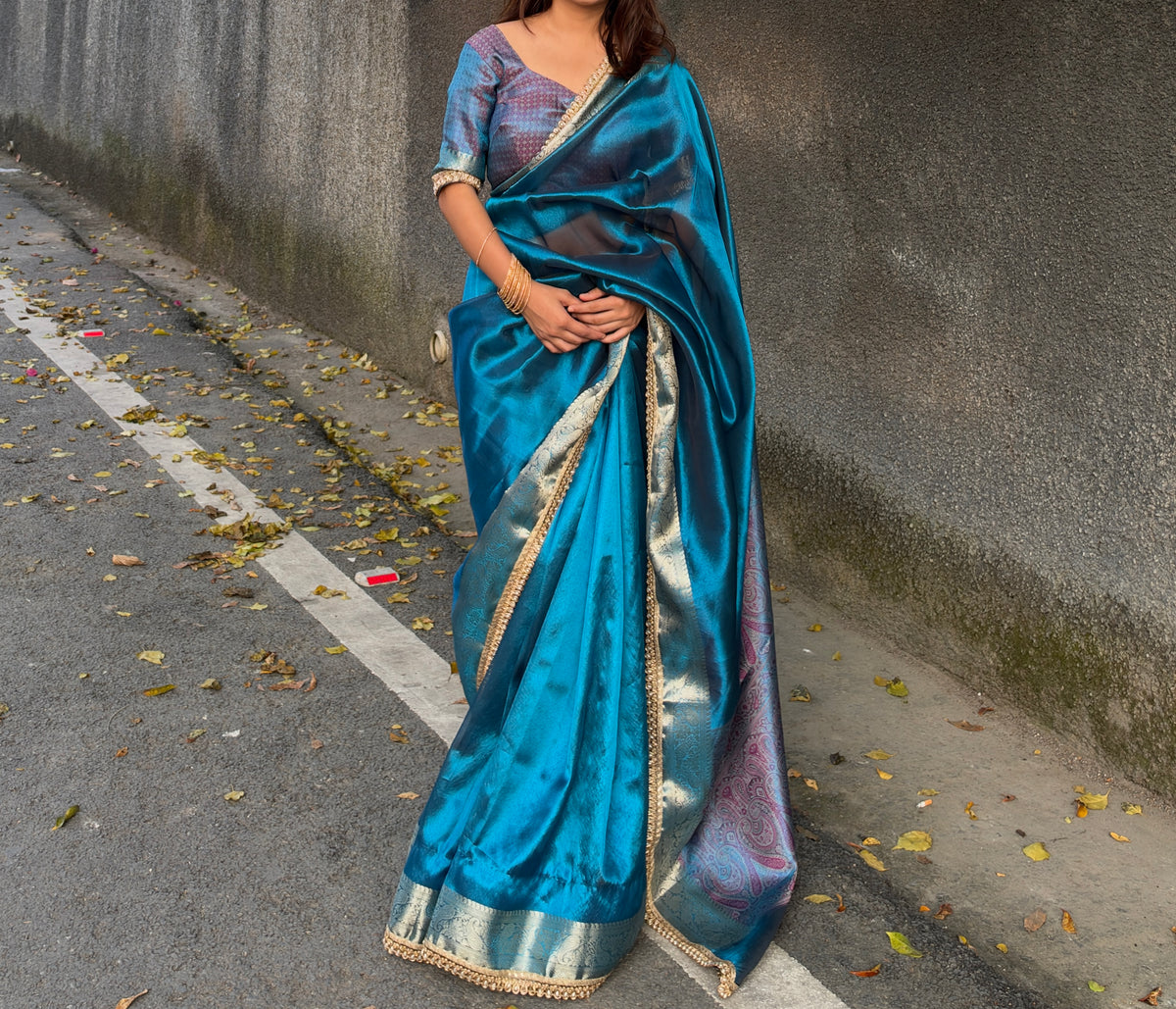 Peacock Teal Banarasi Soft Tissue Pashmina Silk Saree