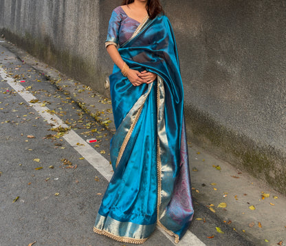Peacock Teal Banarasi Soft Tissue Pashmina Silk Saree